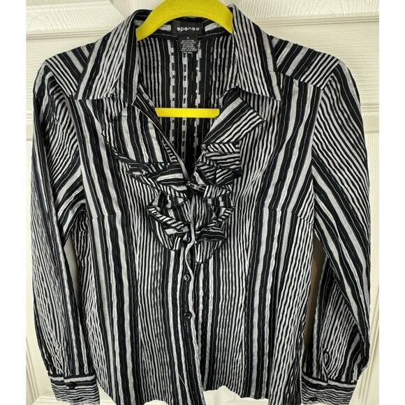 Spense Ruffled Collared Striped Shirt Black Gray cottagecore coquettish M 50-26 - Picture 12 of 15